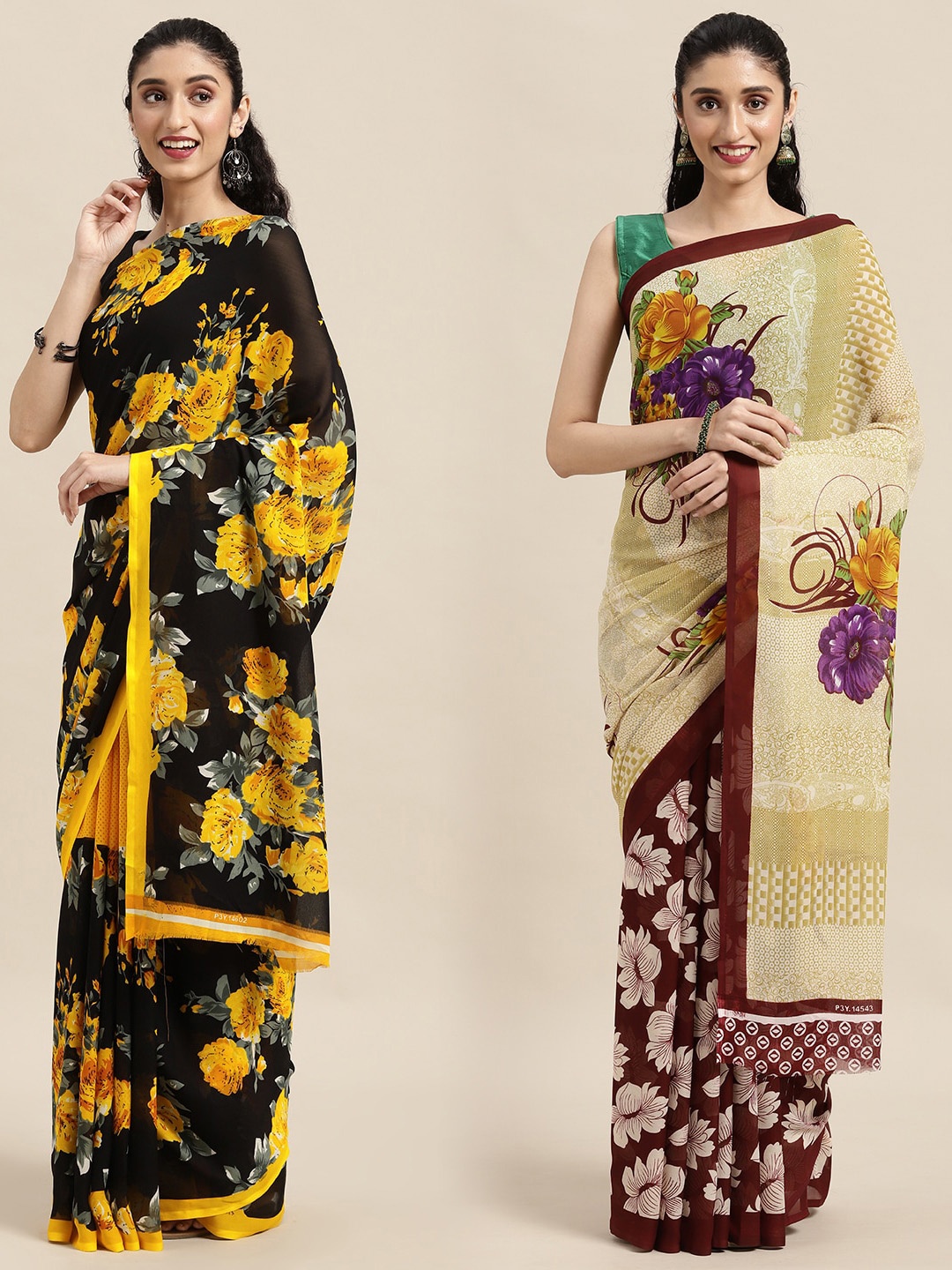 

KALINI Women Pack Of 2 Printed Sarees, Beige