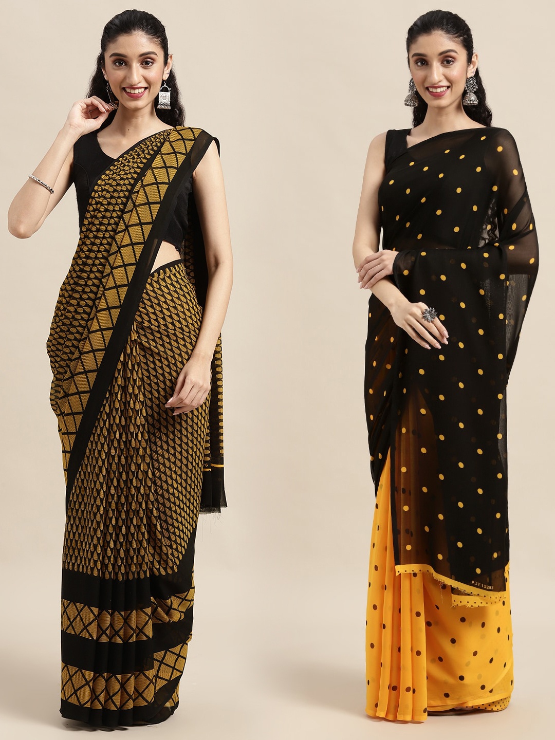 

KALINI Pack Of 2 Brown & Black Polka Dots Print Saree