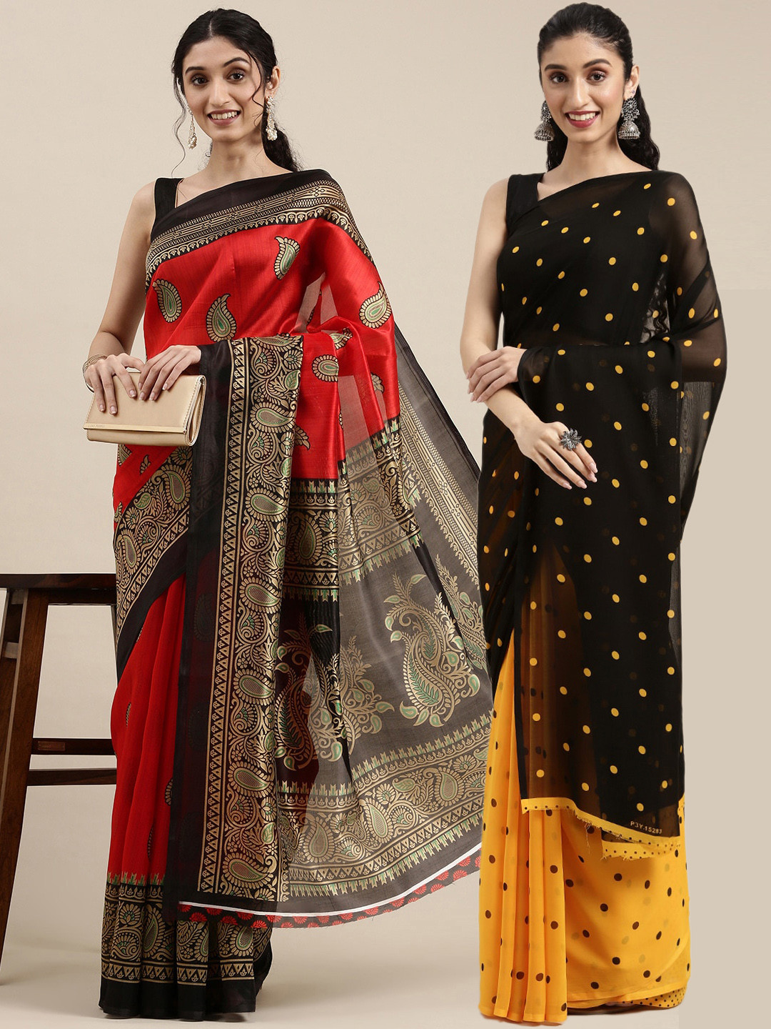 

KALINI Pack Of 2 Red & Black Polka Dots Saree