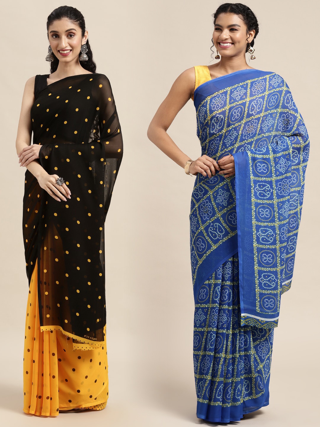 

KALINI Pack Of 2 Yellow & Blue Bandhani Print Saree, Black