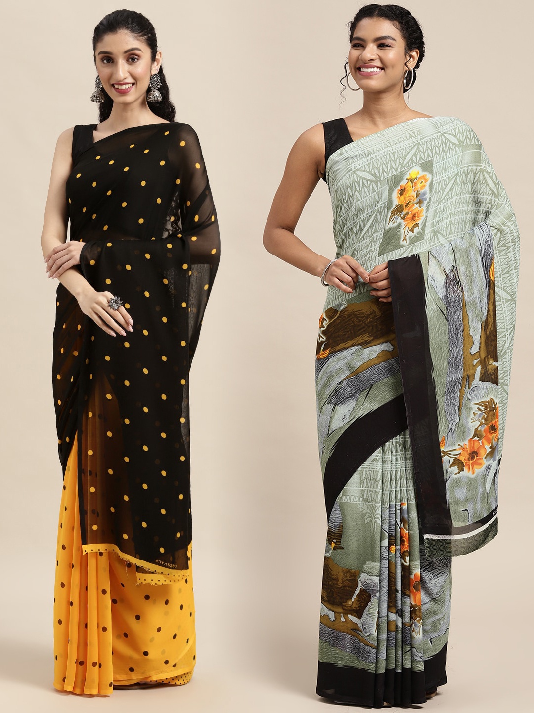 

KALINI Pack of 2 Floral Printed Saree, Black