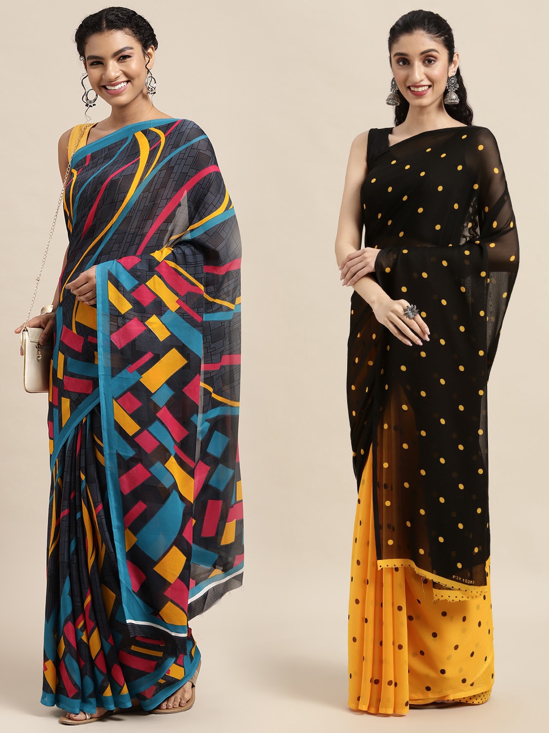 

KALINI Pack Of 2 Navy Blue & Black Polka Dots Saree