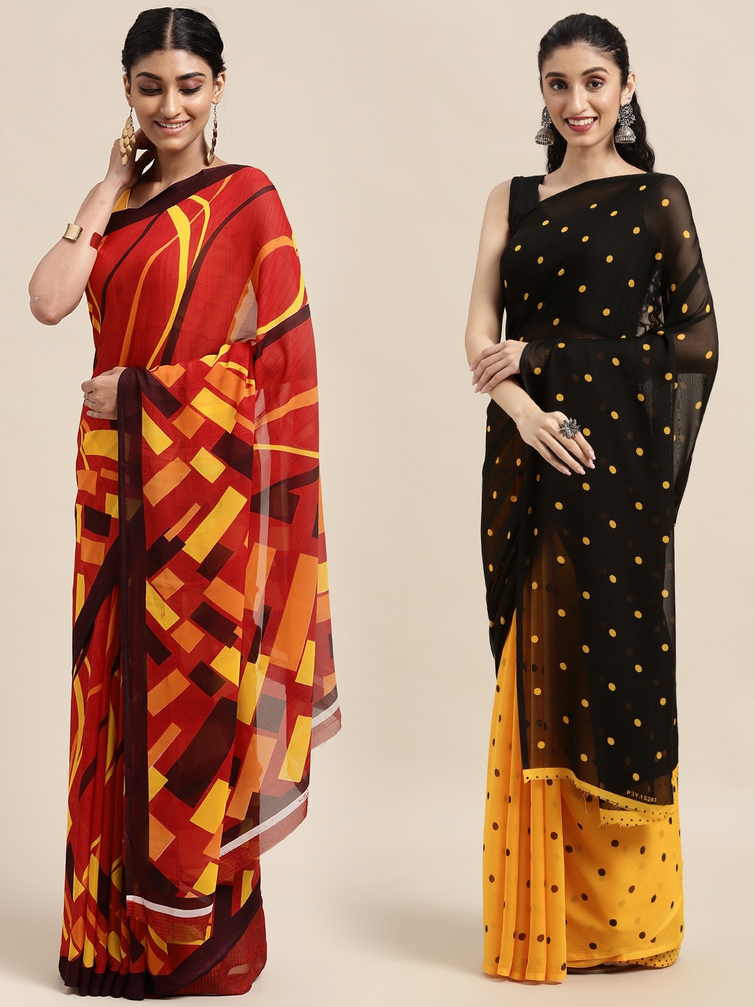

KALINI Pack Of 2 Red & Black Polka Dots Saree