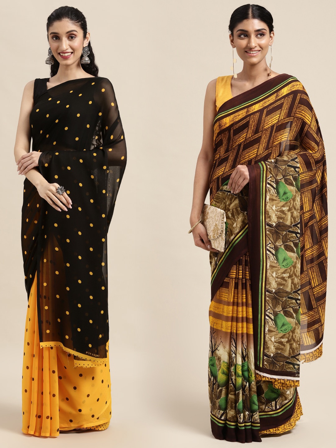 

KALINI Pack of 2 Printed Sarees, Black