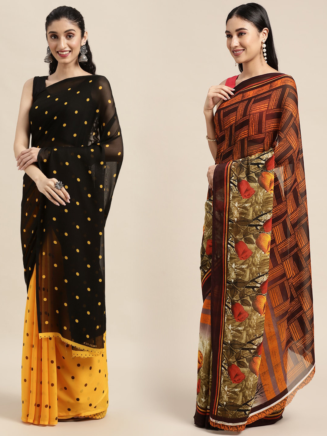 

KALINI Pack Of 2 Orange & Black Polka Dots Saree