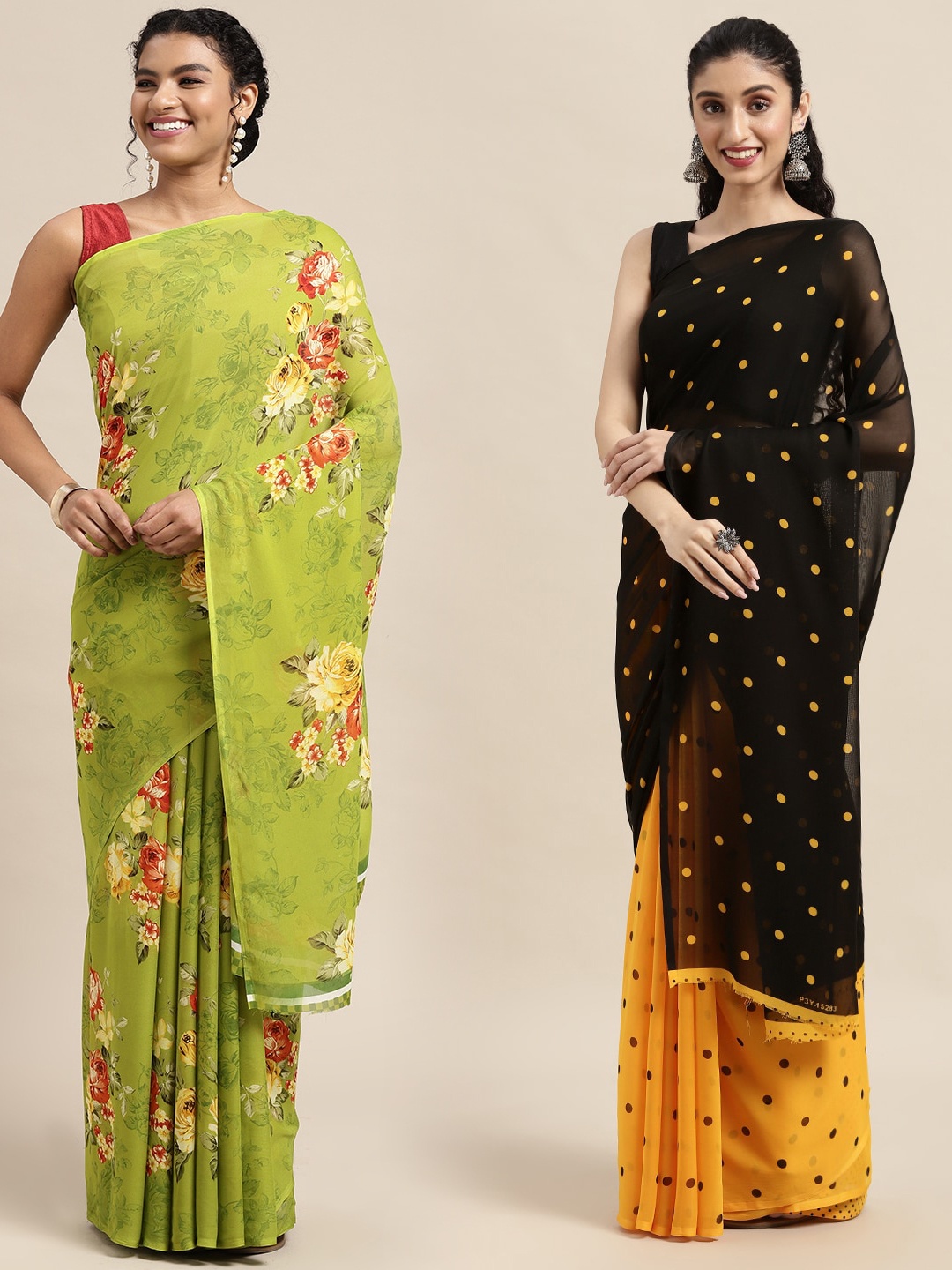

ANAND SAREES Pack of 2 Floral Printed Saree, Lime green