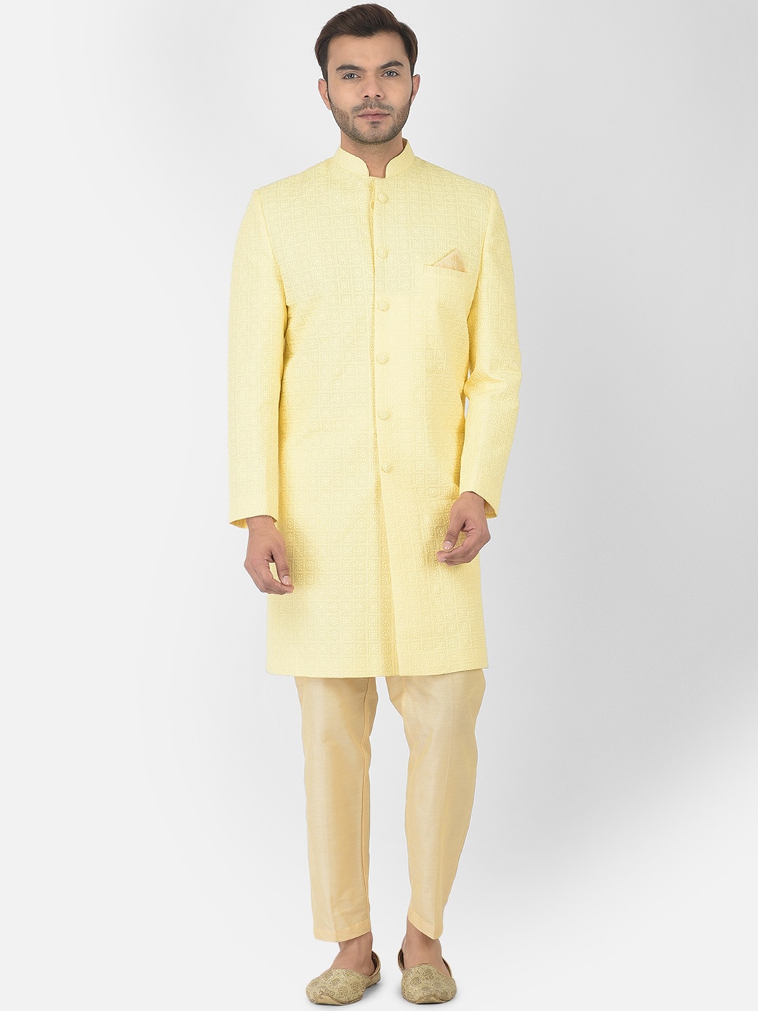 

DEYANN Men Yellow Chikankari Embroidered Cotton Sherwani Set