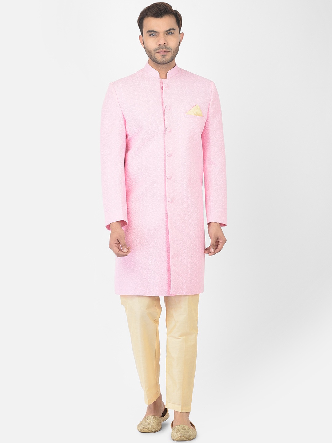 

DEYANN Men Pink & Cream-Coloured Chikankari Embroidered Sherwani Set