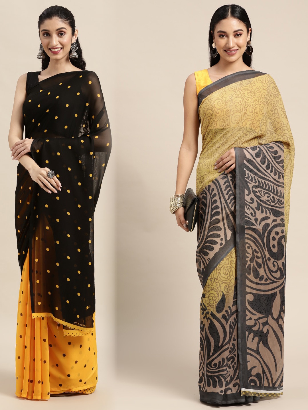 

KALINI Pack Of 2 Black & Beige Polka Dots Saree