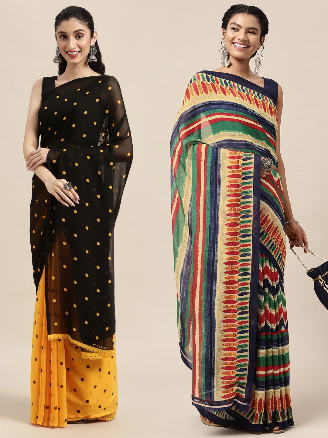 

KALINI Pack of 2 Printed Sarees, Black