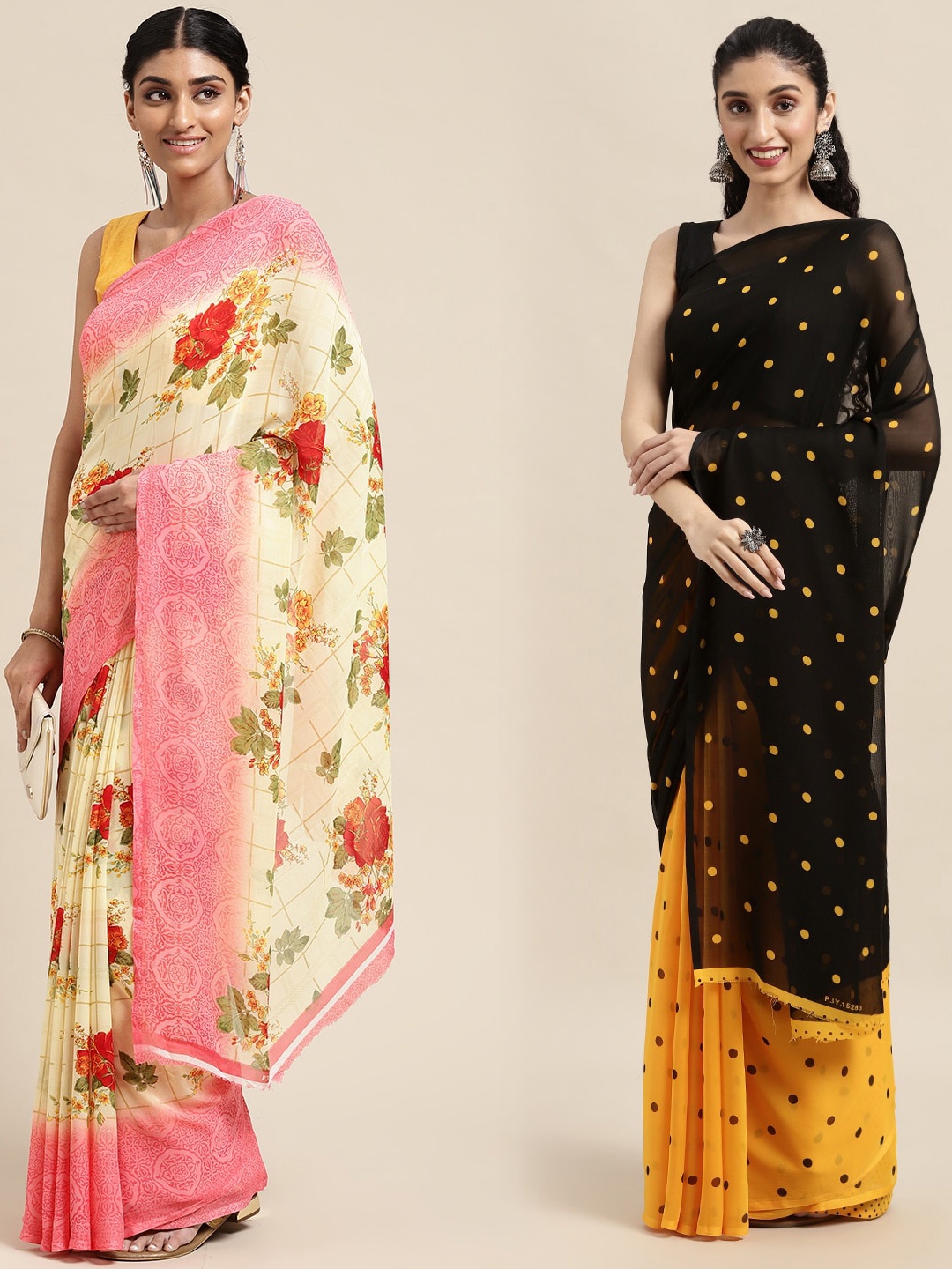 

KALINI Women Pack Of 2 Printed Sarees, Cream