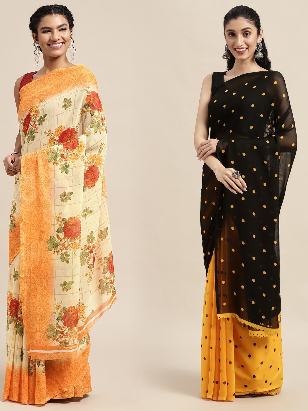 

KALINI Pack of 2 Printed Sarees, Cream
