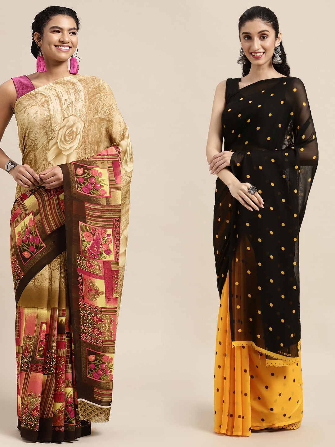 

KALINI Pack Of 2 Beige & Black Polka Dots Saree