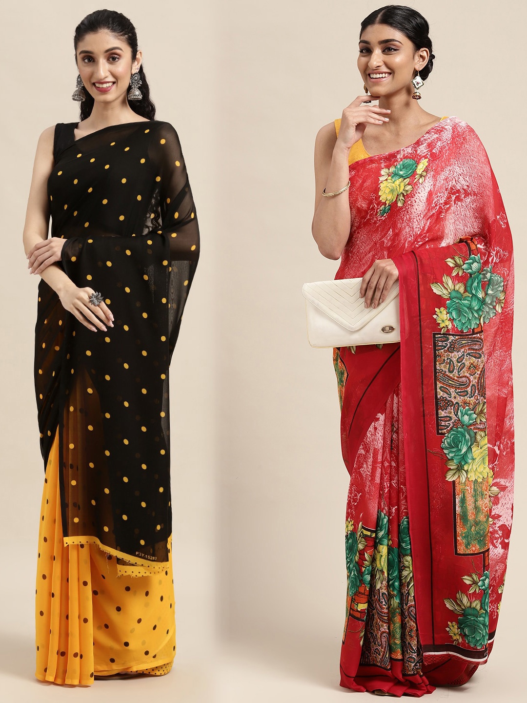 

KALINI Pack Of 2 Black & Red Floral Saree