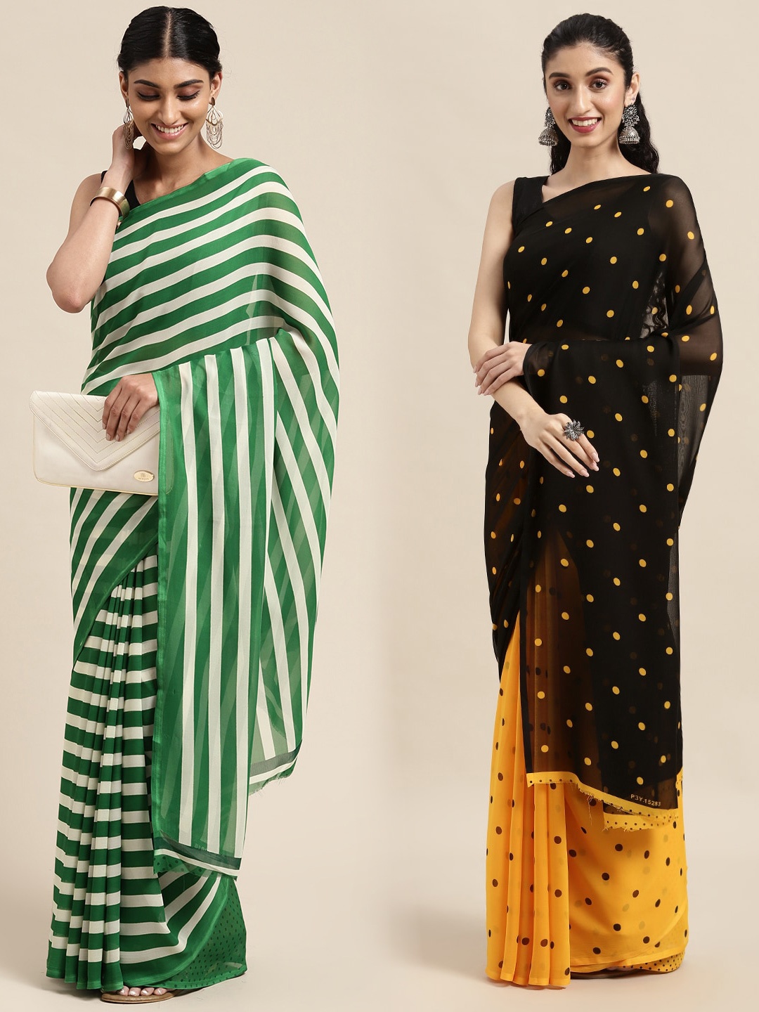 

KALINI Pack of 2 Printed Sarees, Green