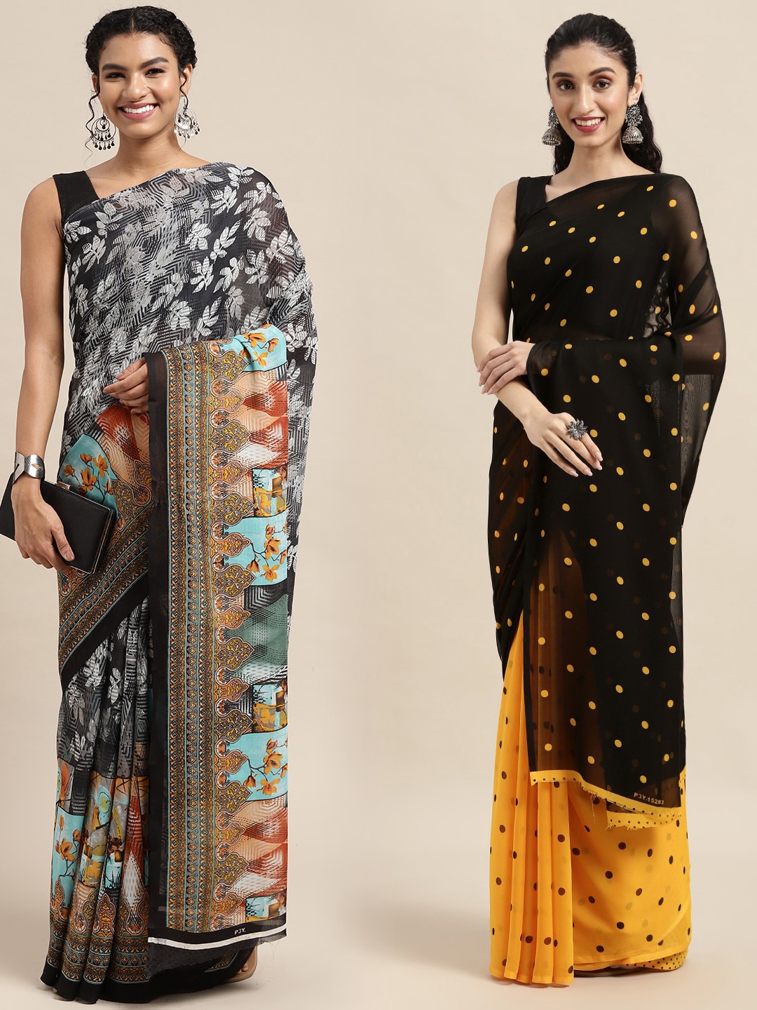 

KALINI Pack of 2 Floral Printed Saree, Black