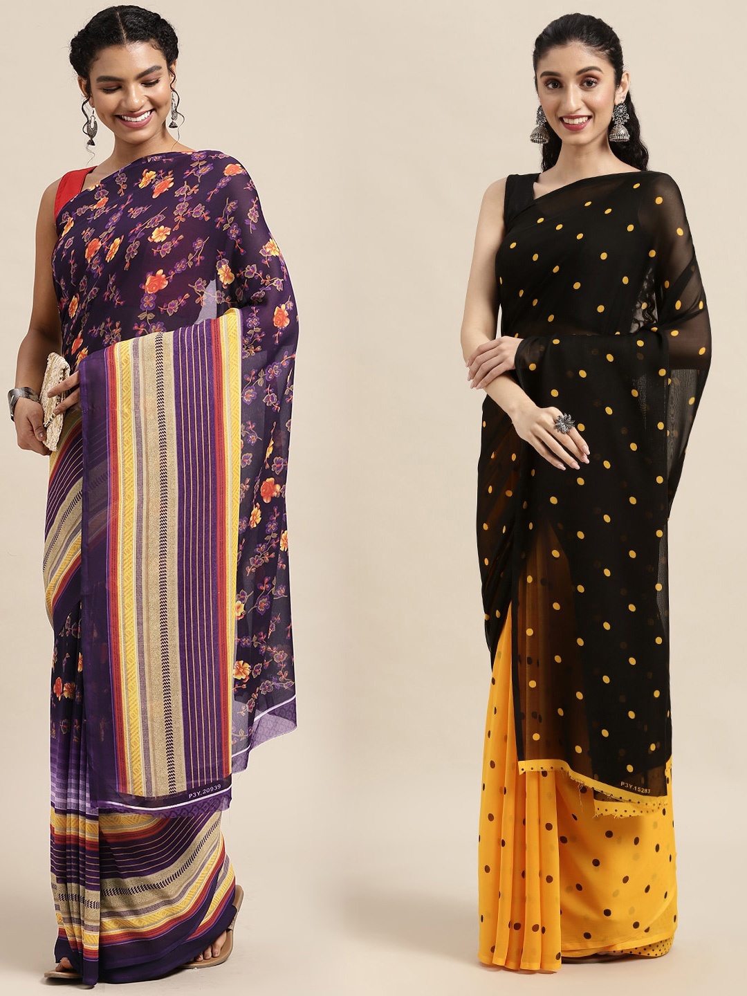 

KALINI Pack Of 2 Purple & Black Floral Saree