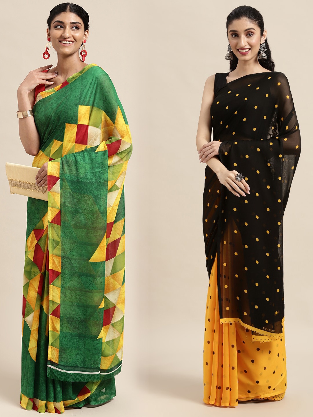

KALINI Pack of 2 Polka Dots Printed Saree, Green