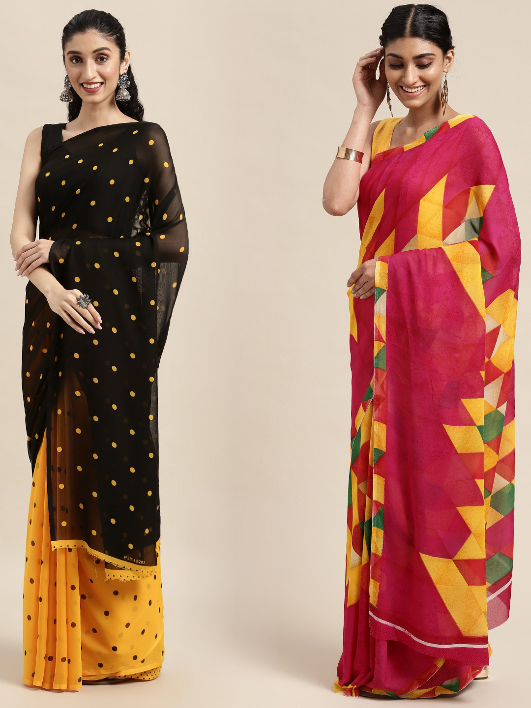 

KALINI Pack Of 2 Black & Red Polka Dots Print Saree