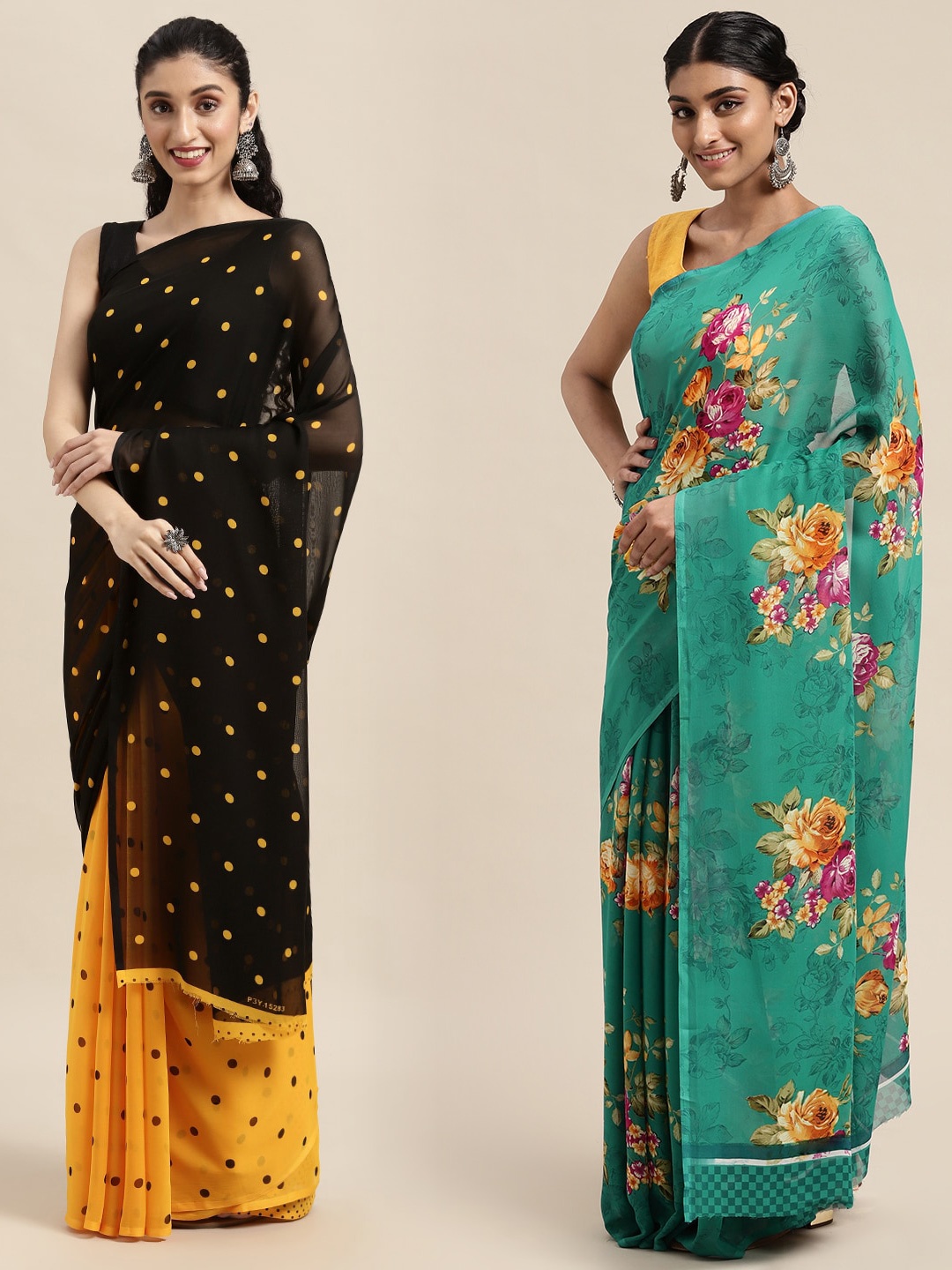 

KALINI Pack Of 2 Black & Green Floral Saree