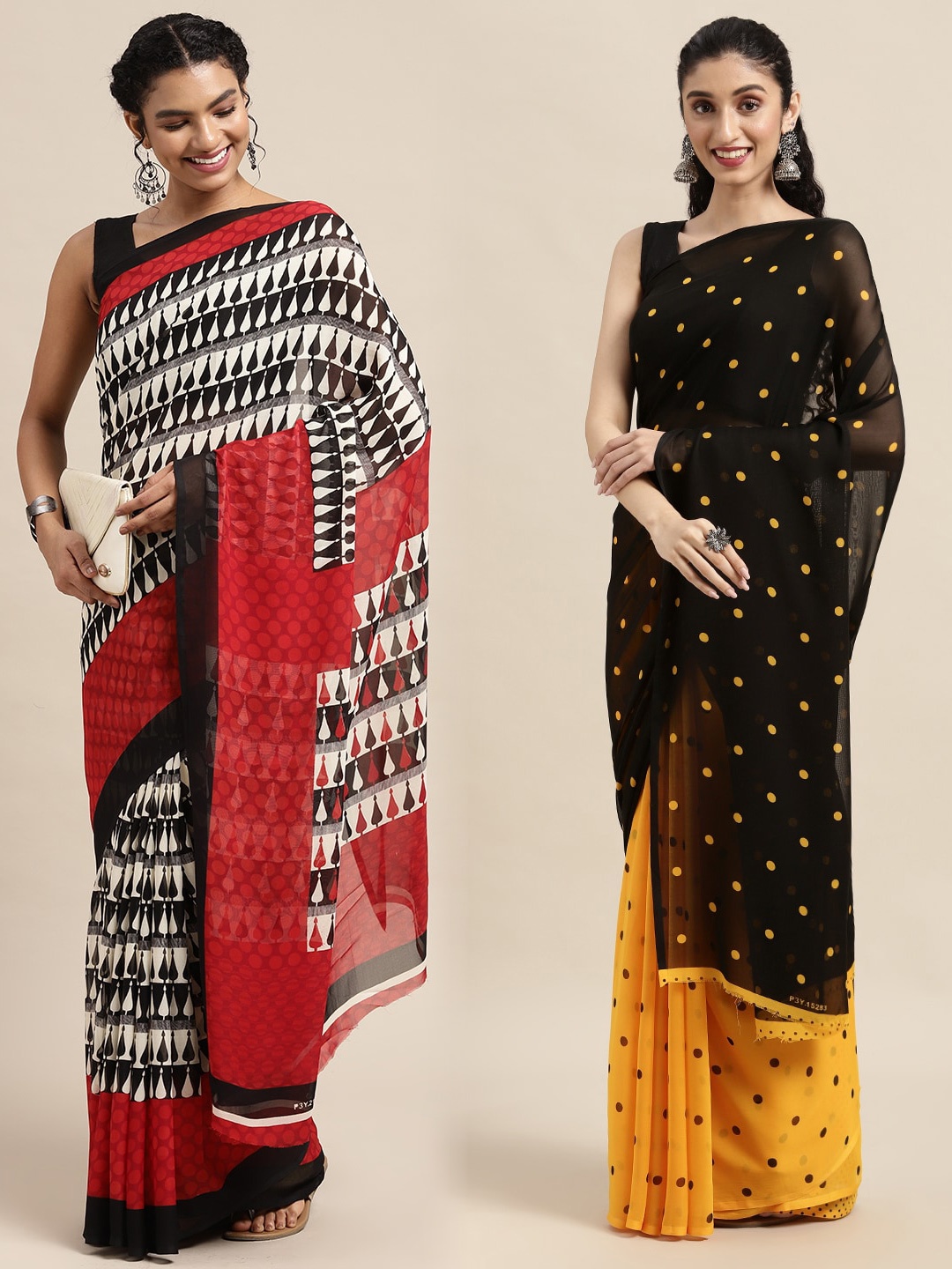 

KALINI Pack of 2 Polka Dots Printed Saree, Black