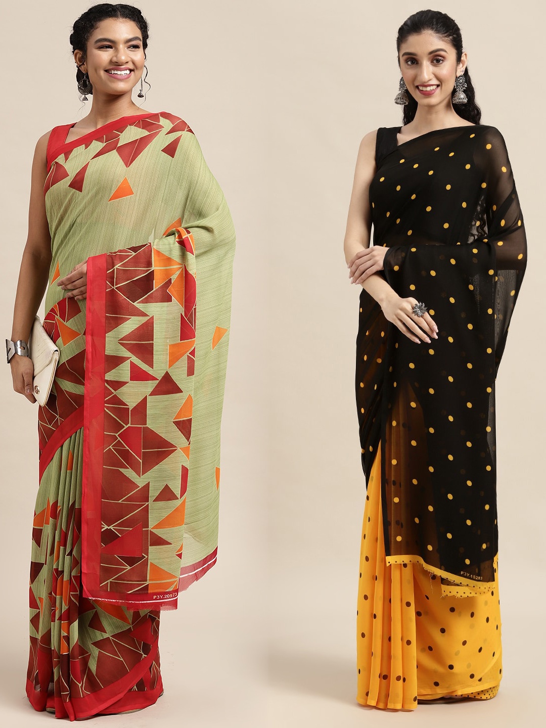 

KALINI Pack of 2 Printed Sarees, Green