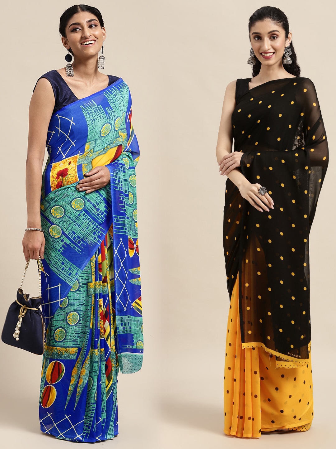 

KALINI Pack Of 2 Blue & Black Polka Dots Saree
