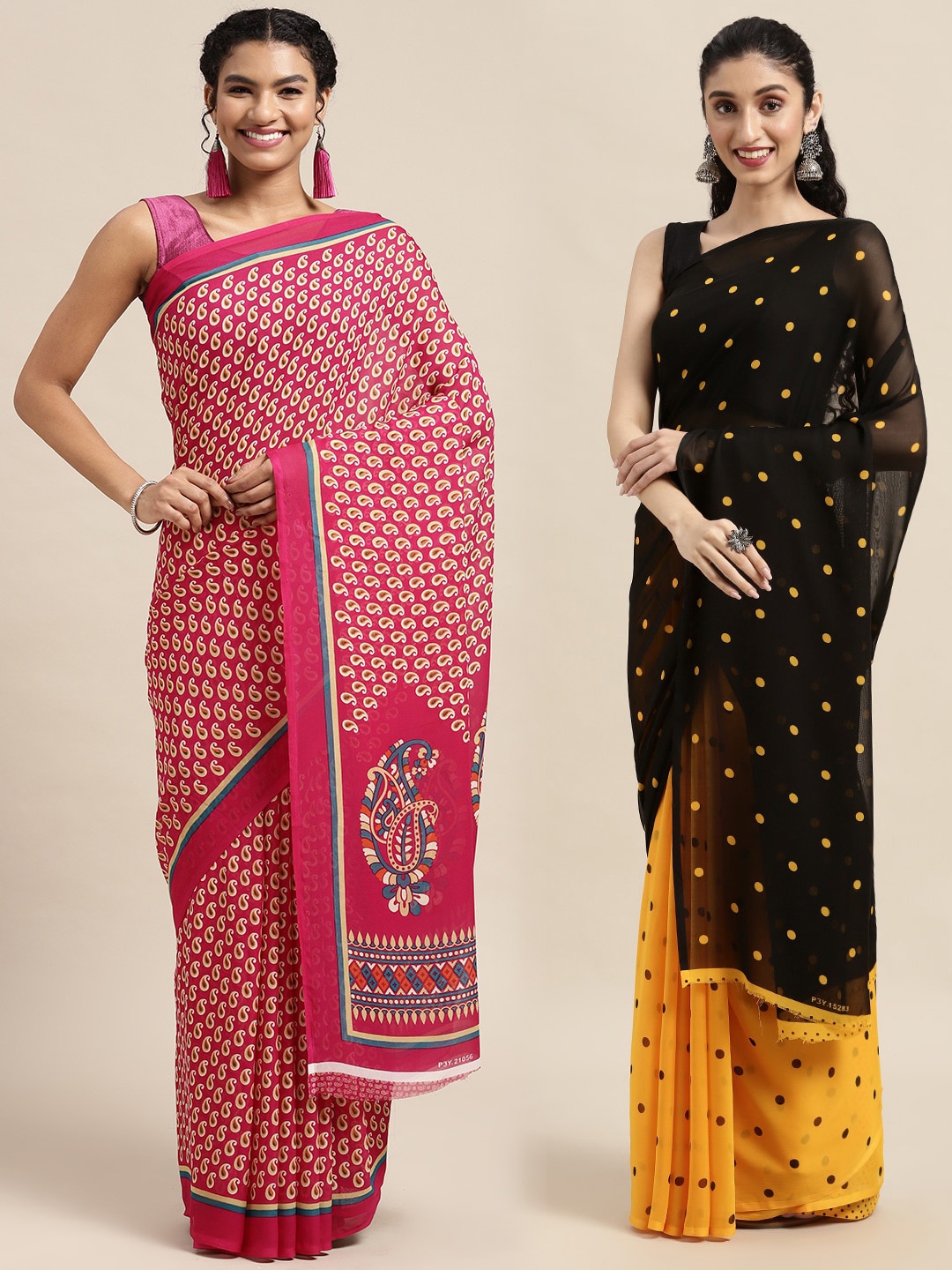 

KALINI Pack of 2 Polka Dots Printed Saree, Pink