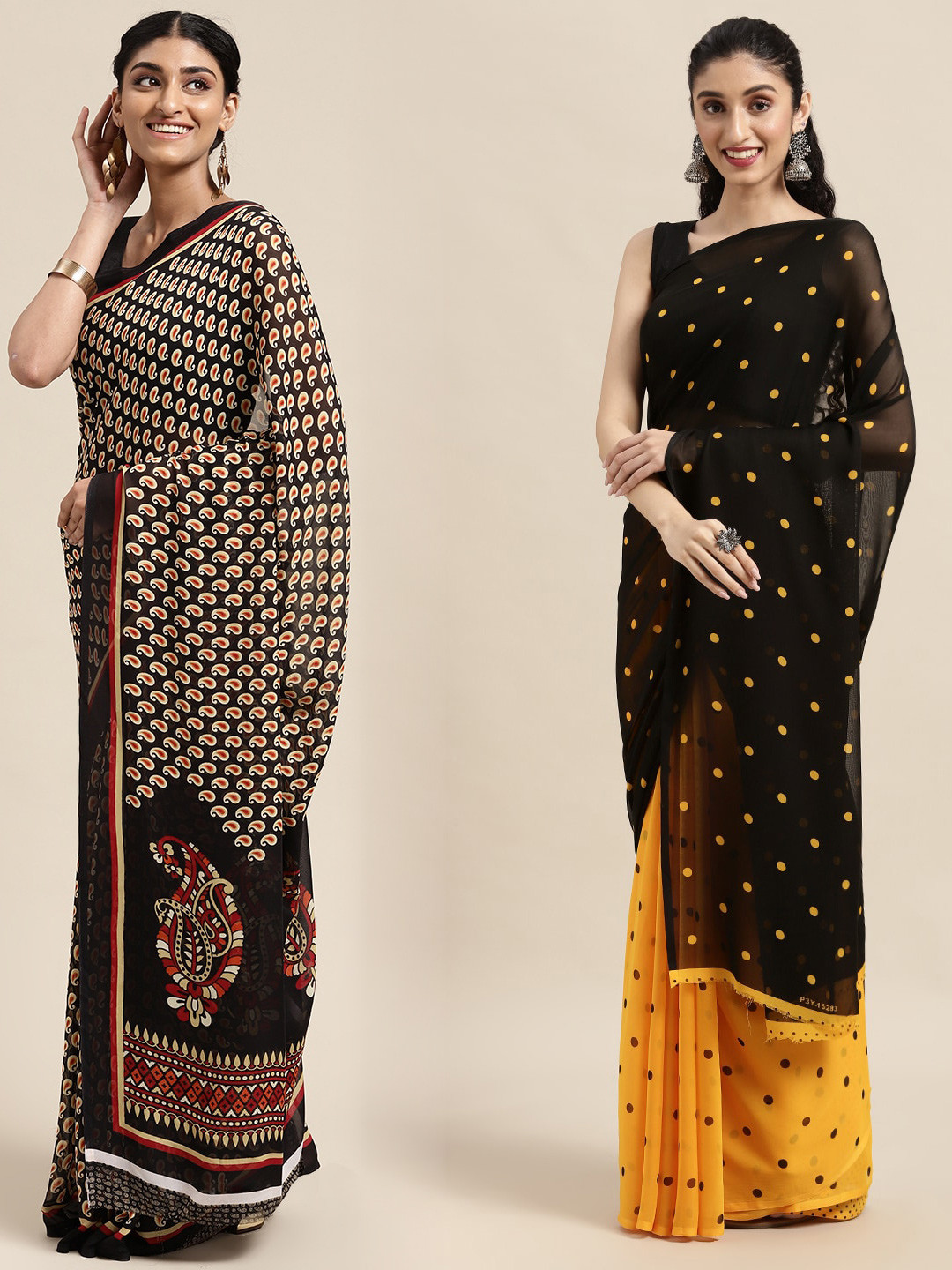 

KALINI Pack Of 2 Black & Yellow Polka Dots Saree