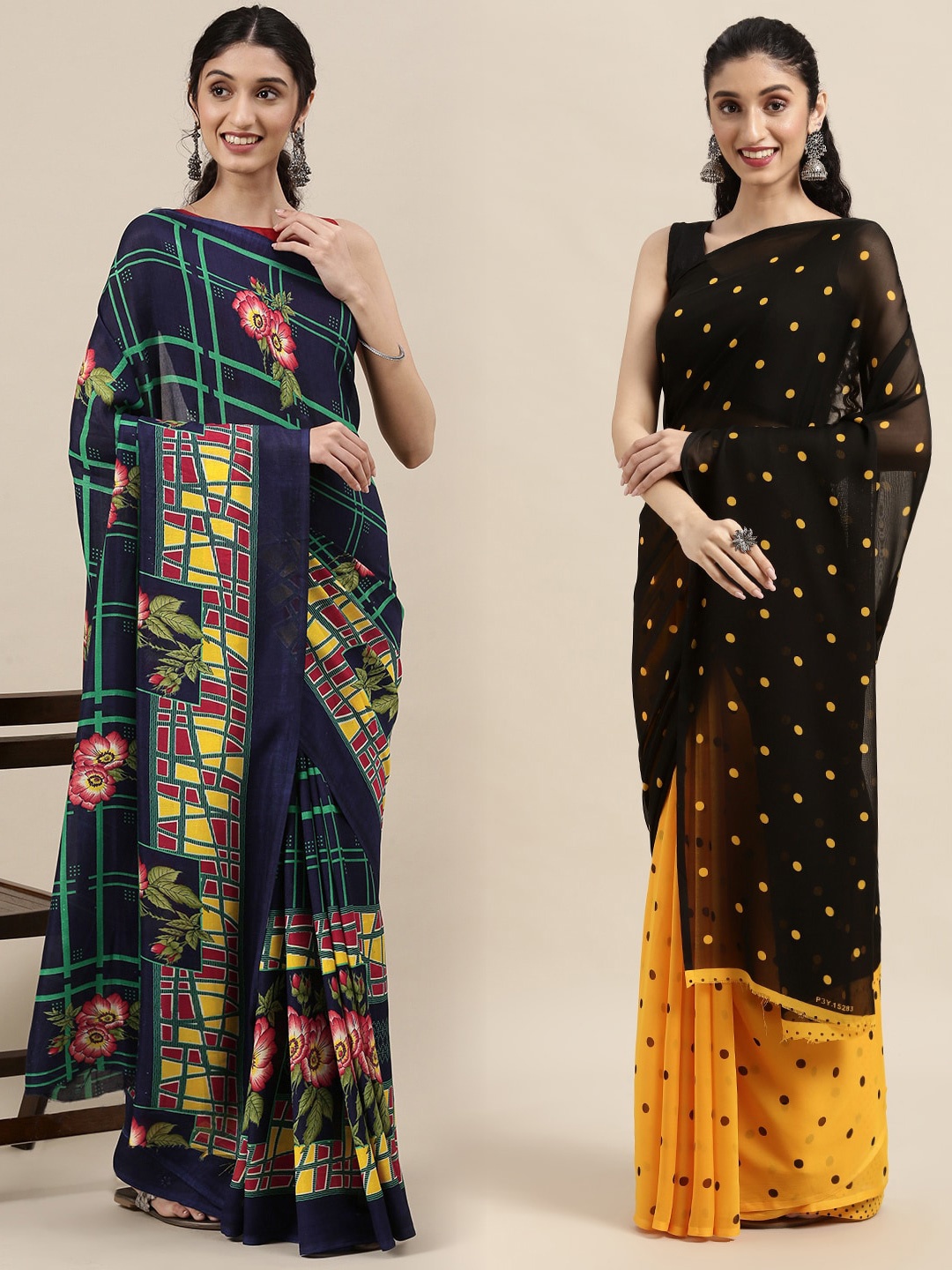 

KALINI Women Pack Of 2 Printed Sarees, Navy blue