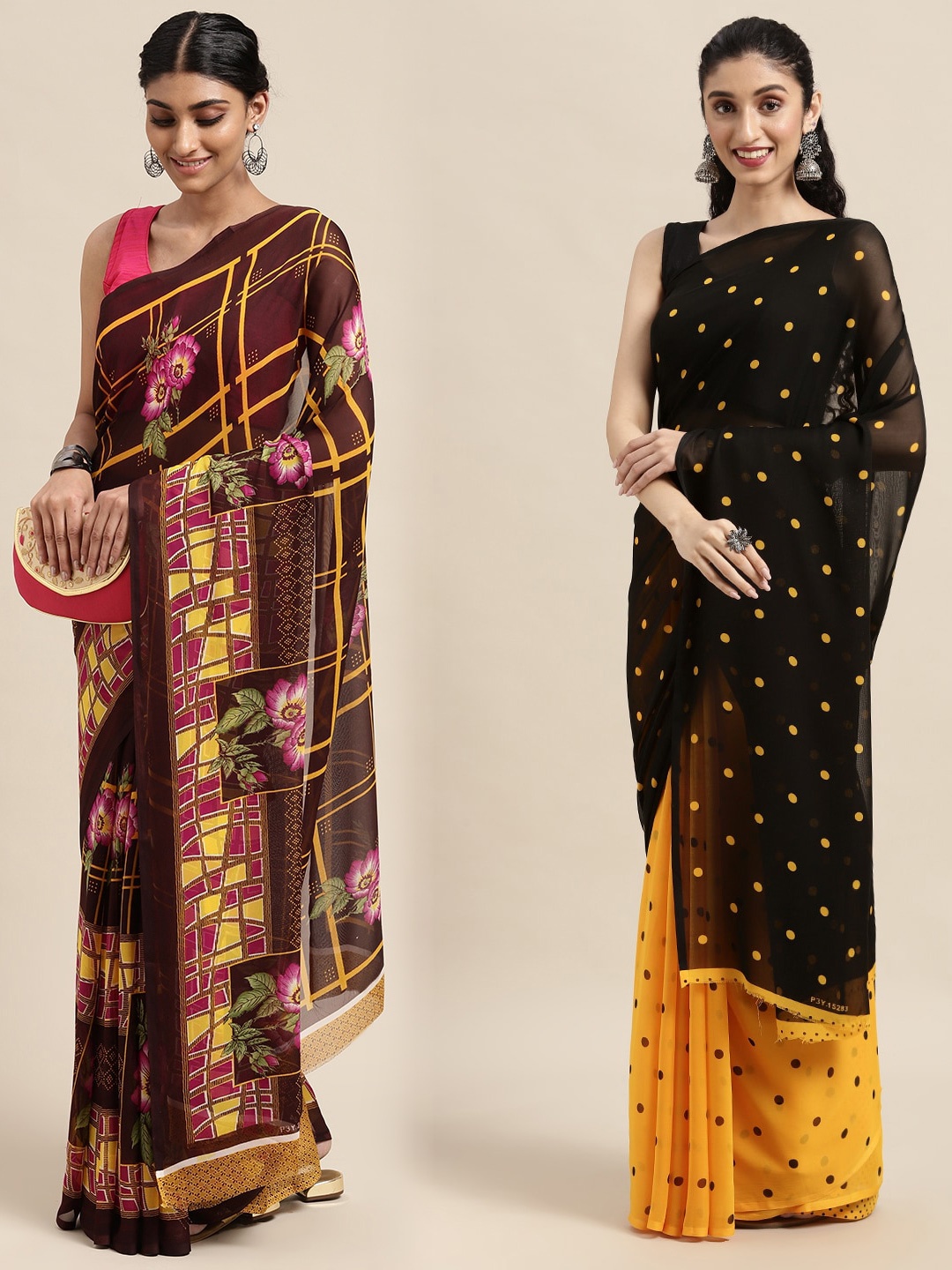 

KALINI Pack of 2 Polka Dots Printed Saree, Brown