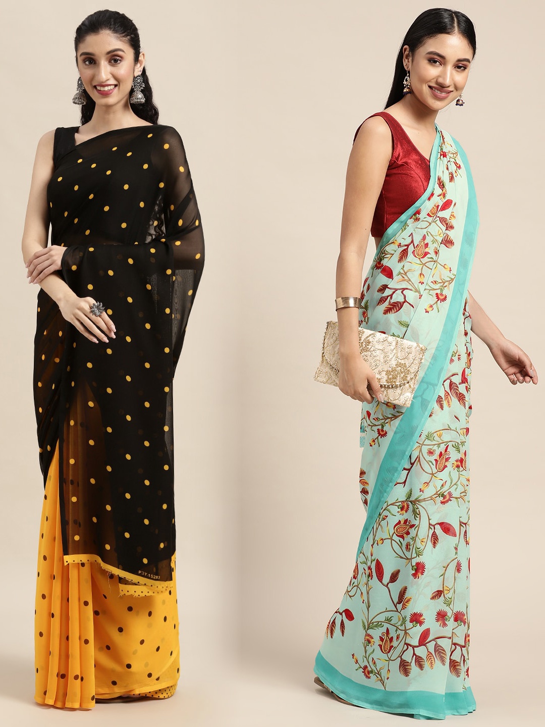 

KALINI Pack of 2 Printed Sarees, Black