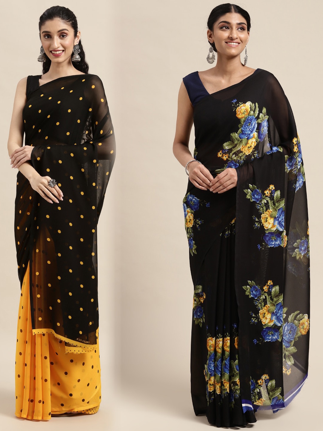 

KALINI Pack of 2 Printed Sarees, Black