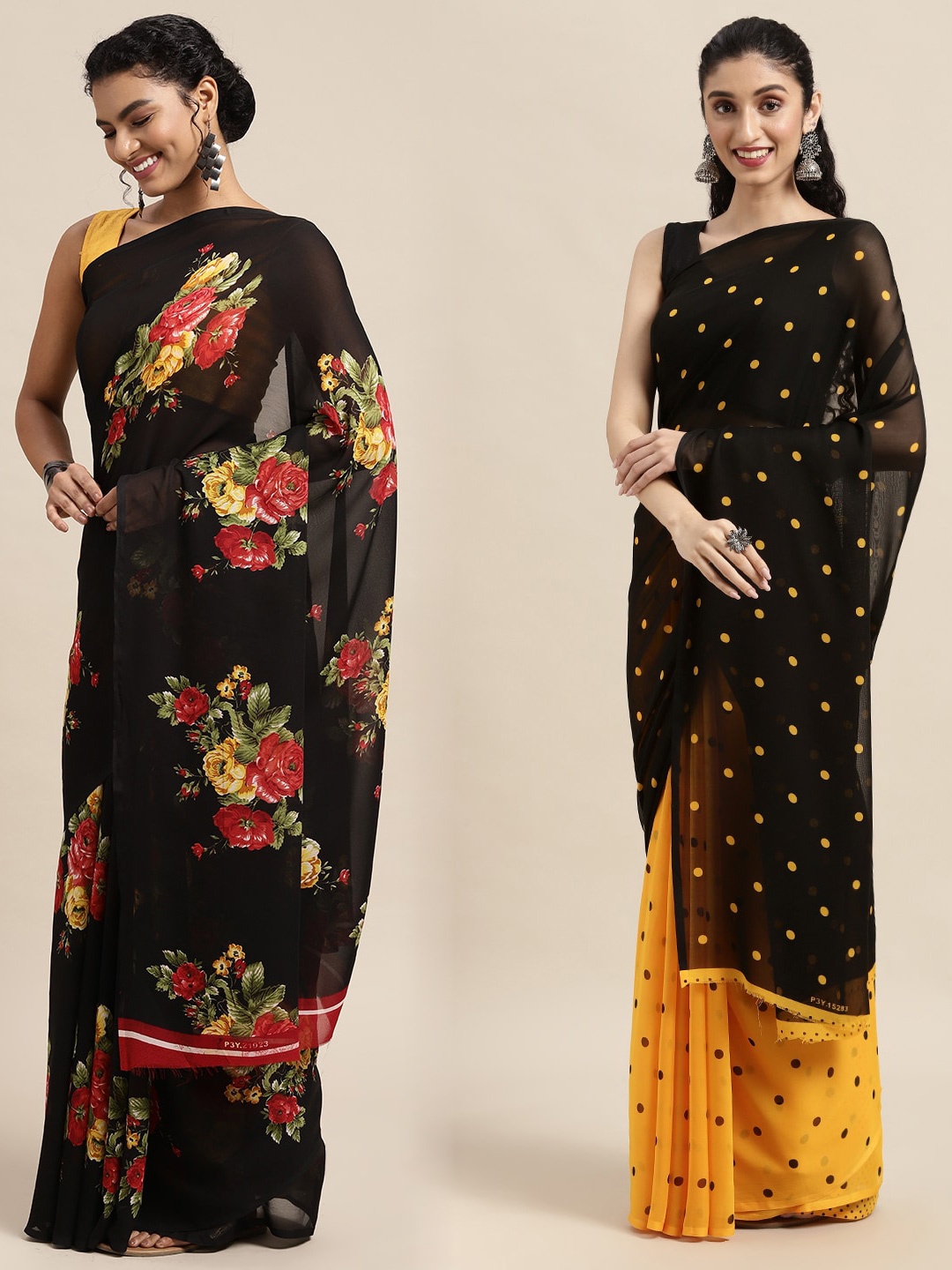 

KALINI Pack of 2 Floral Printed Saree, Black