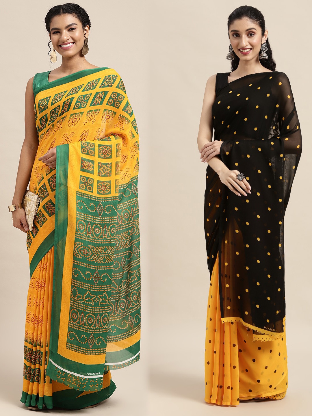 

KALINI Pack of 2 Polka Dots Printed Saree, Yellow
