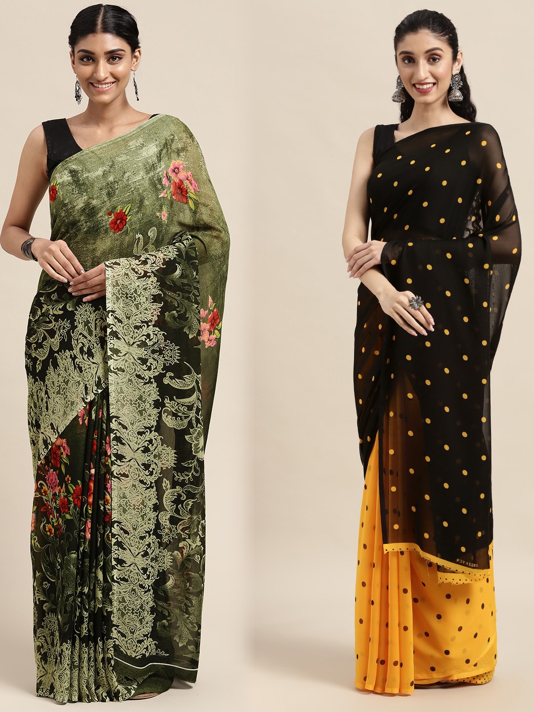 

ANAND SAREES Pack of 2 Printed Sarees, Olive