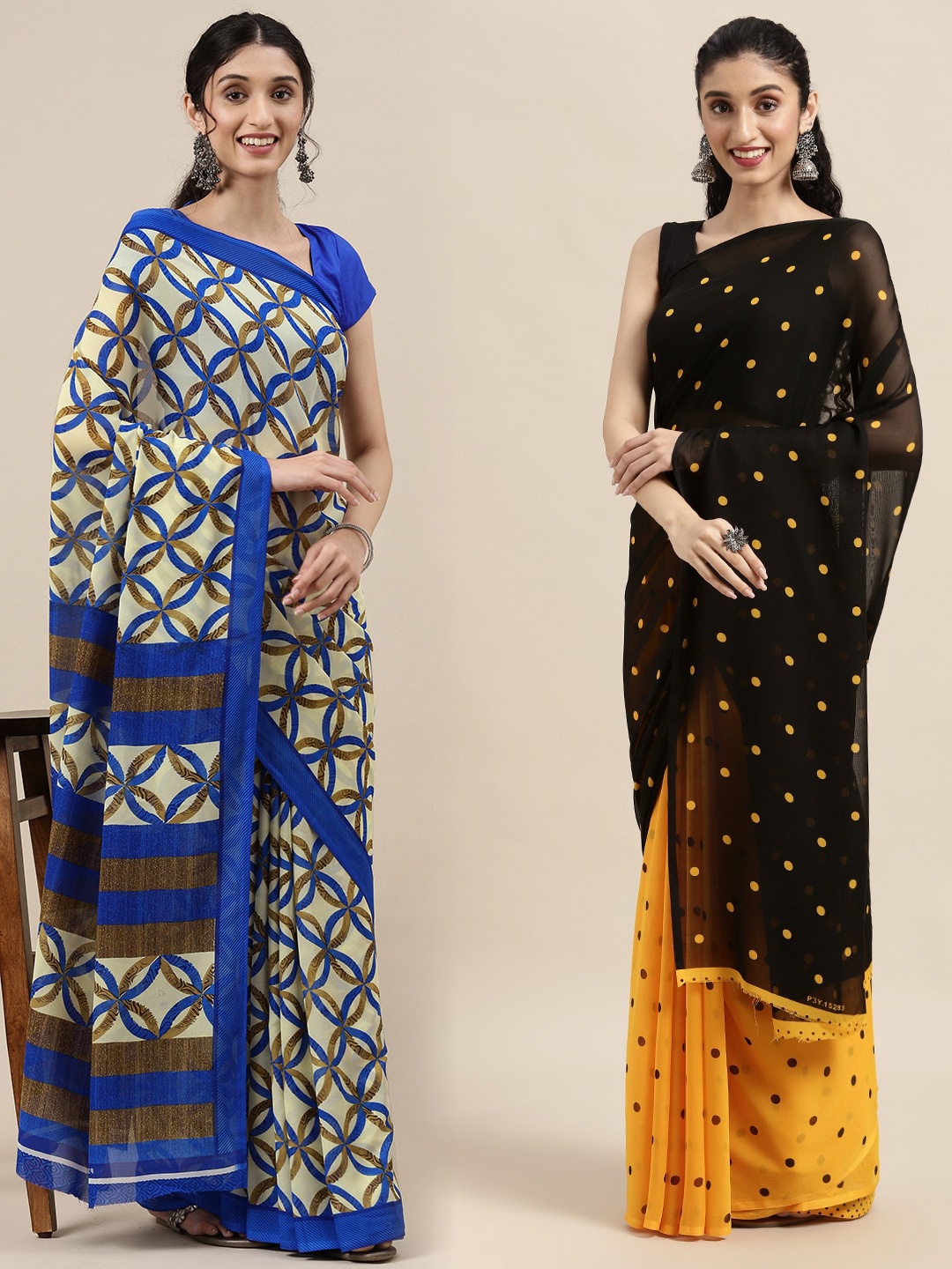 

KALINI Pack Of 2 Blue & Black Polka Dots Saree