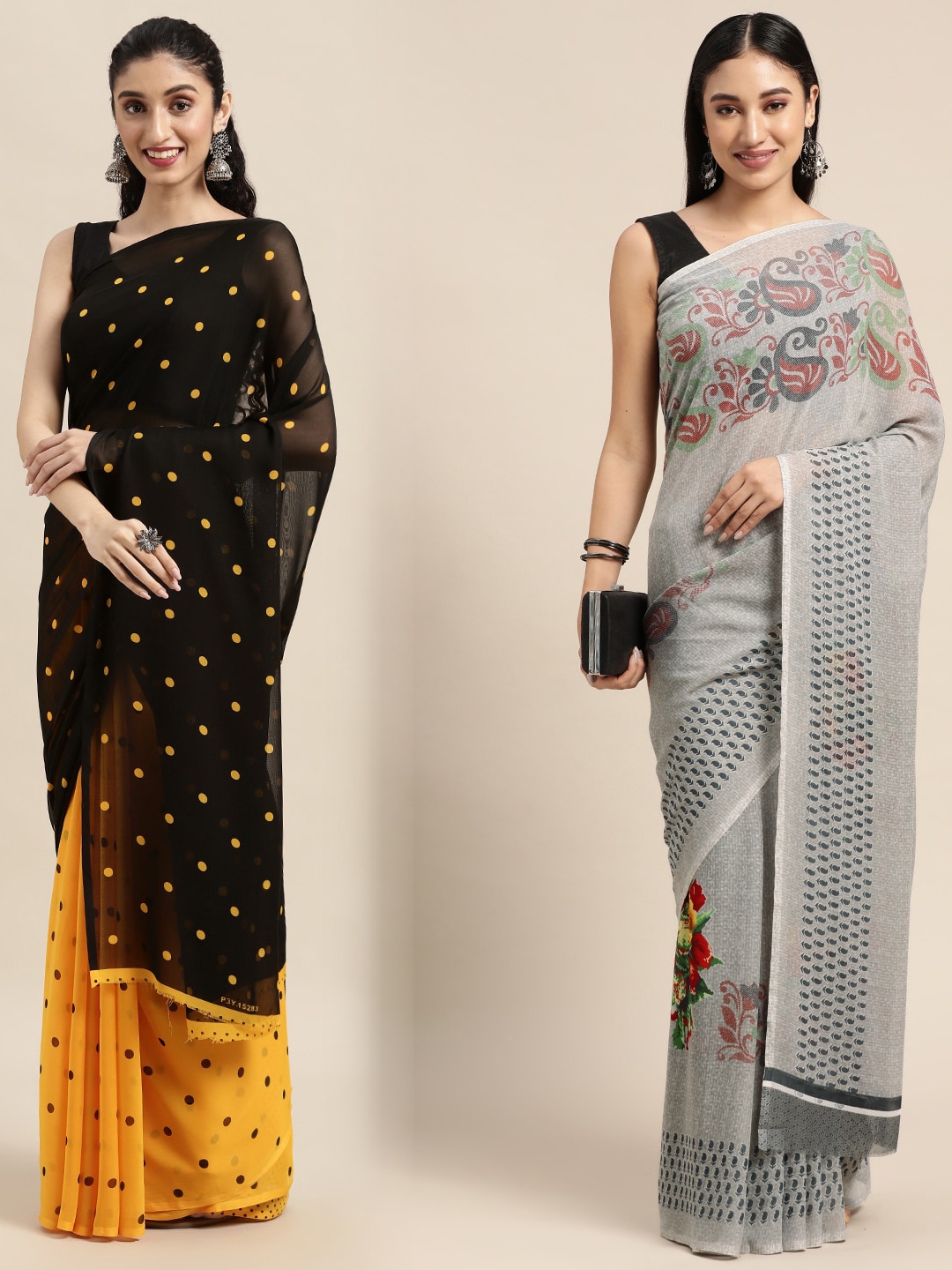 

KALINI Pack of 2 Printed Sarees, Black