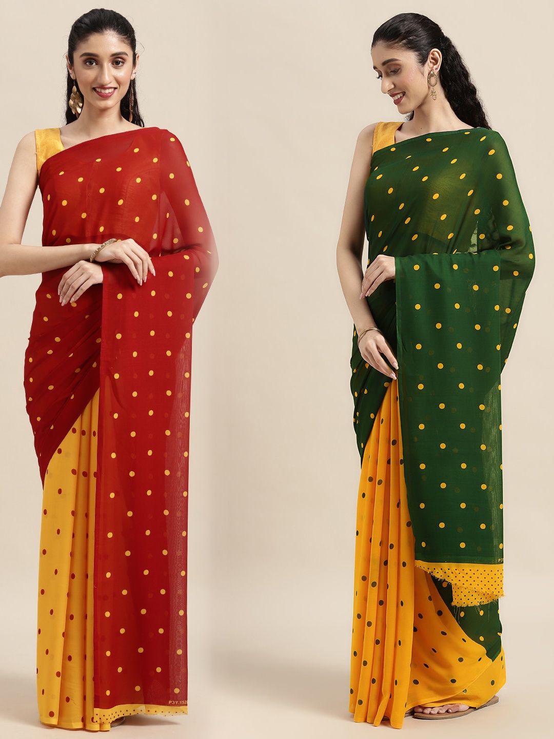 

ANAND SAREES Pack Of 2 Red & Green Polka Dots Saree