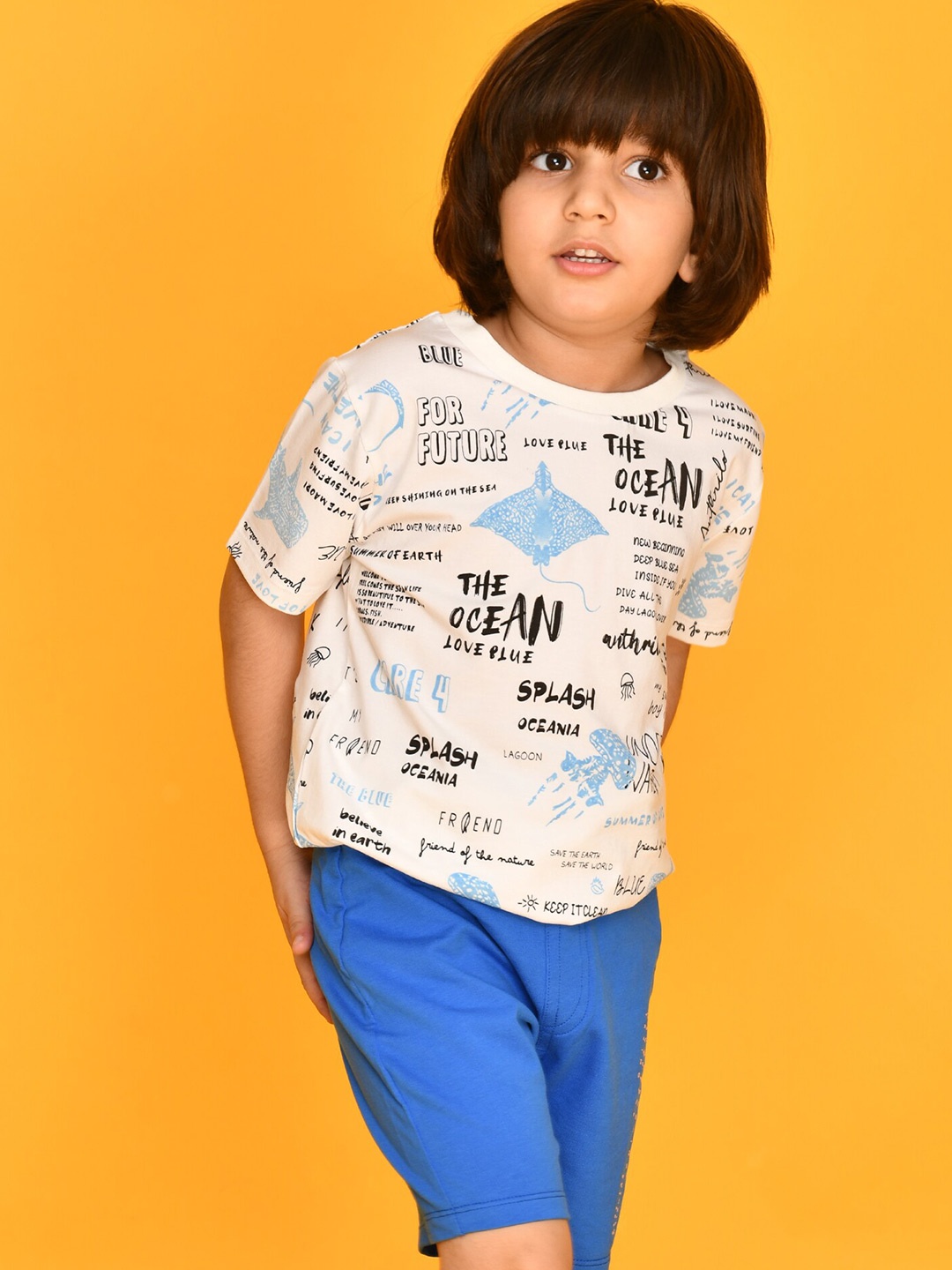 

Anthrilo Boys White & Blue Printed Pure Cotton T-shirt with Shorts
