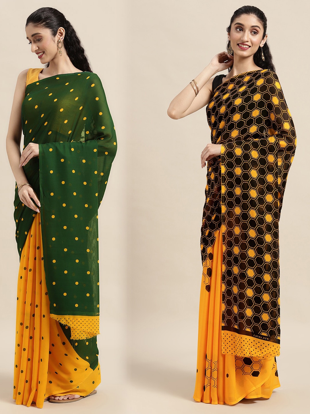 

KALINI Pack of 2 Printed Sarees, Green