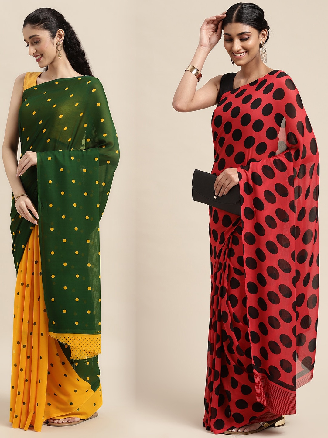 

ANAND SAREES Pack Of 2 Green & Yellow Polka Dots Saree