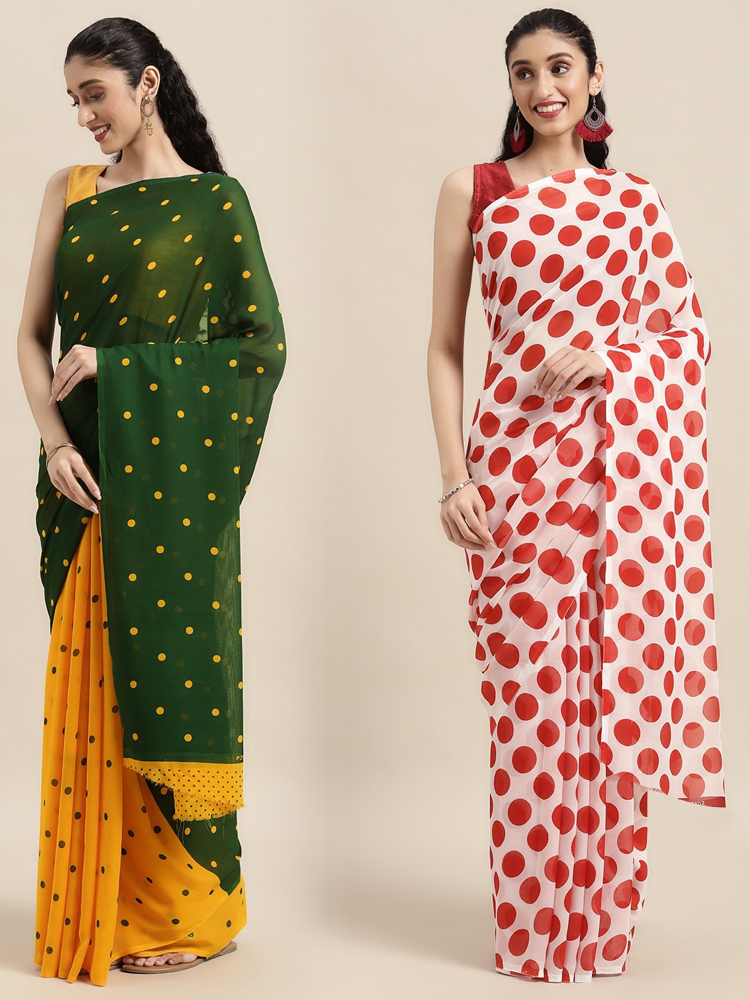 

KALINI Pack of 2 Polka Dots Printed Saree, Green