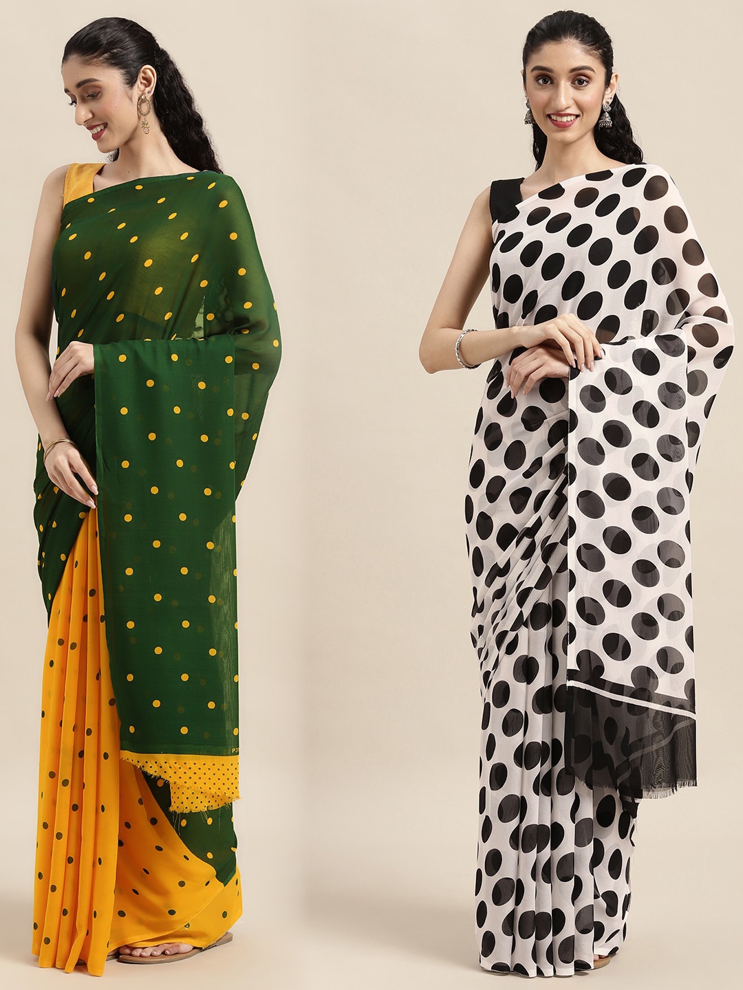 

ANAND SAREES Pack Of 2 Green & White Polka Dots Print Saree