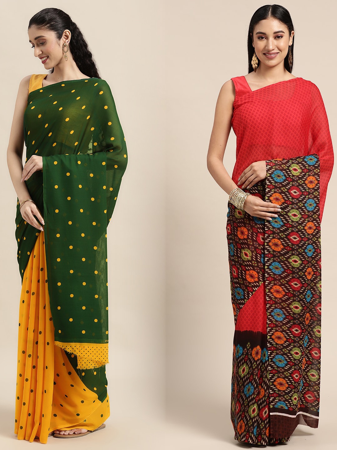 

KALINI Pack of 2 Printed Sarees, Green