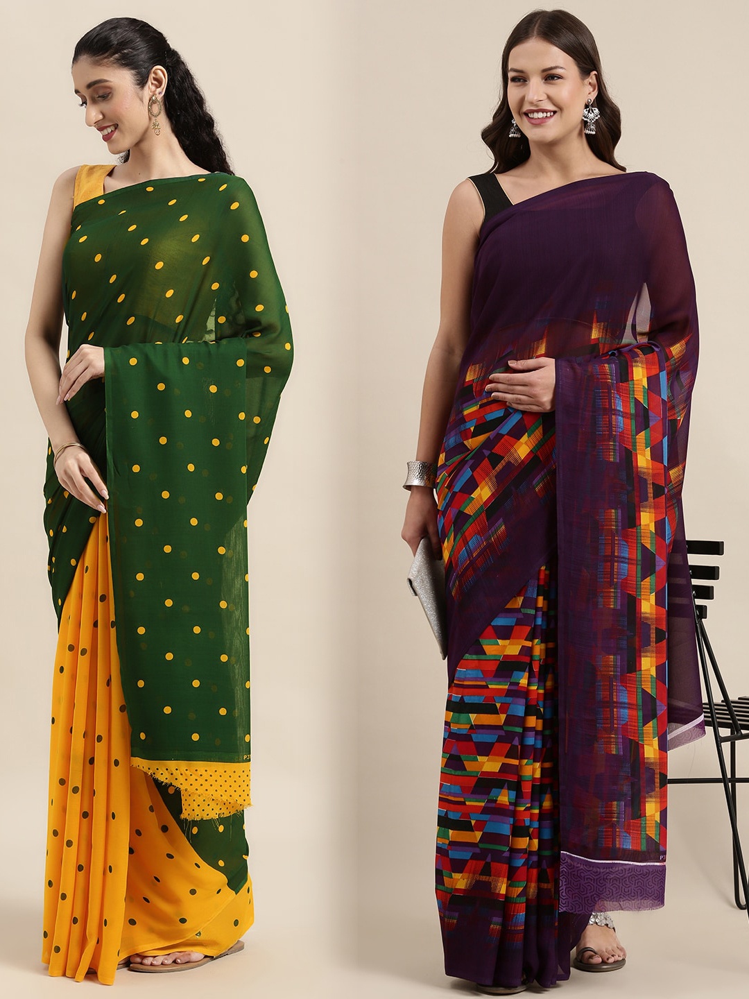 

KALINI Women Pack Of 2 Printed Sarees, Green