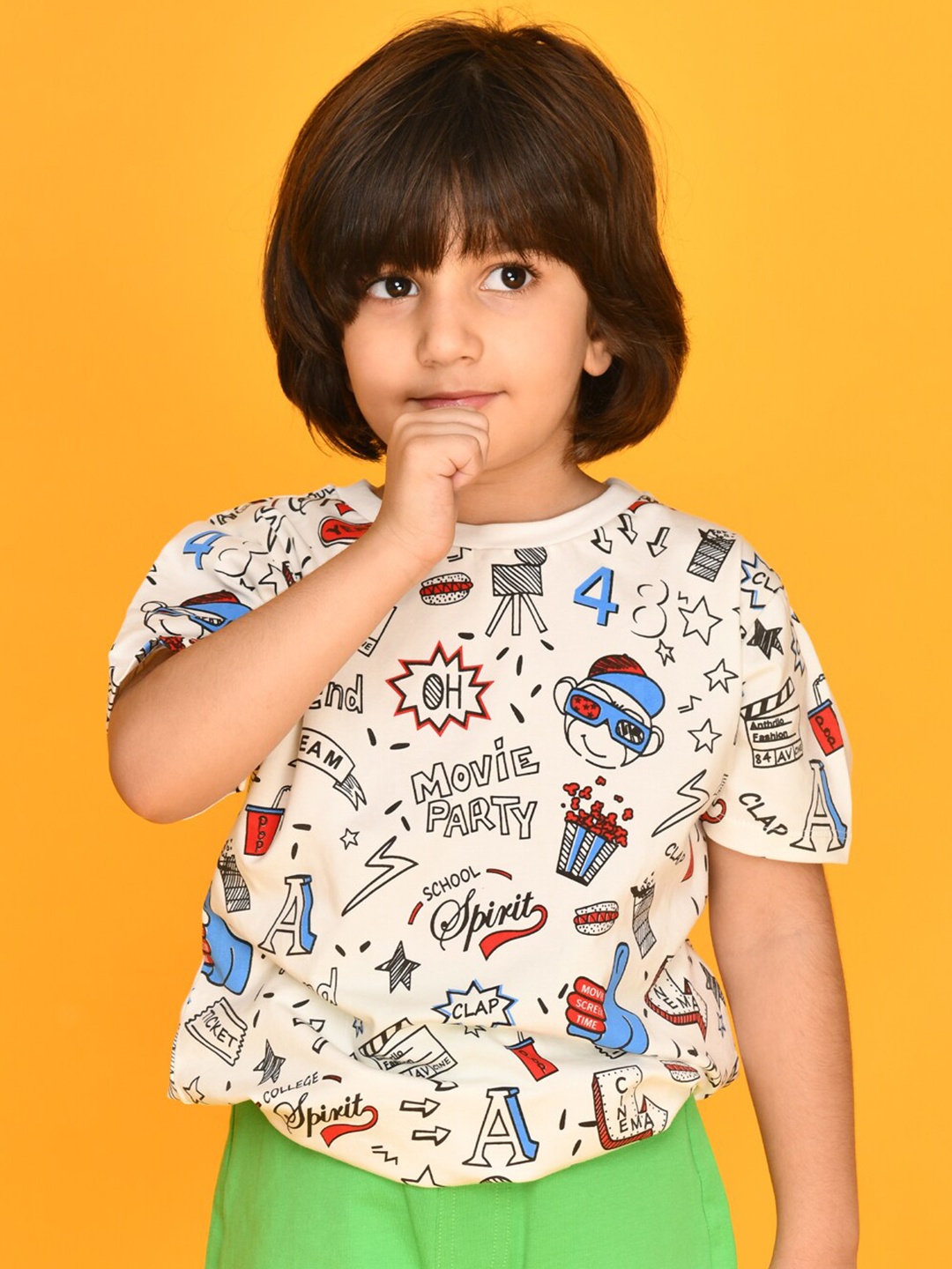 

Anthrilo Boys Grey & Green Printed Cotton T-shirt with Shorts