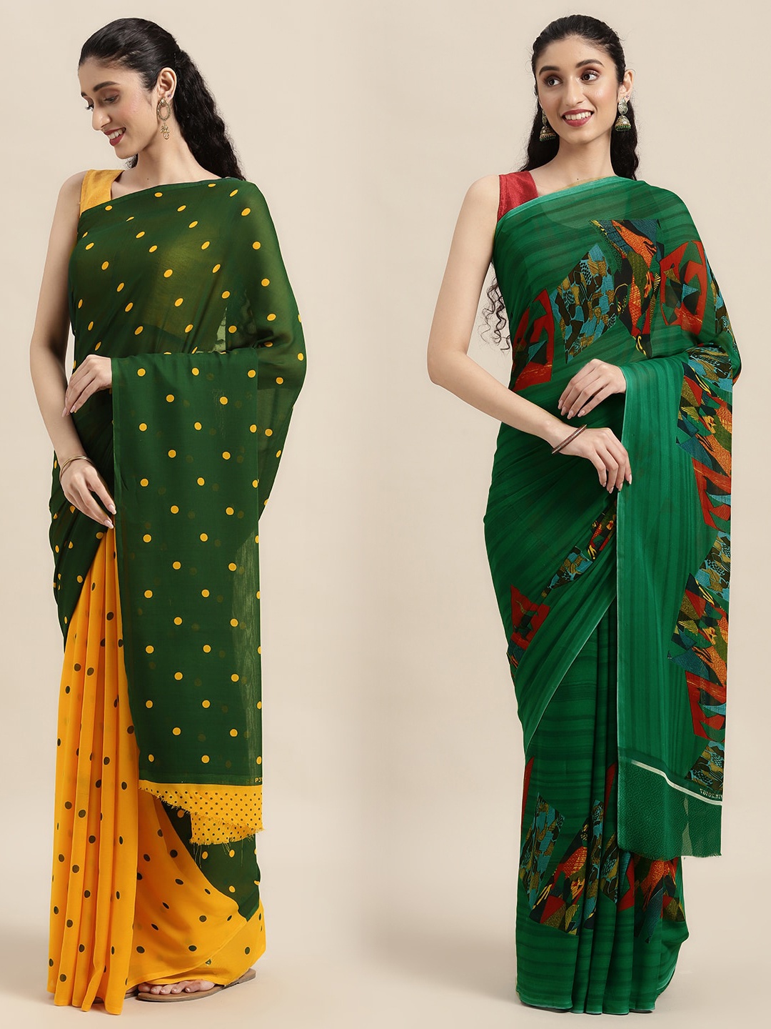 

KALINI Women Pack Of 2 Printed Sarees, Green