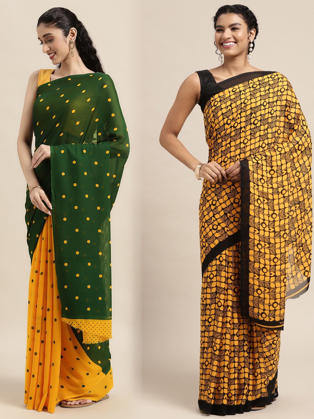 

KALINI Pack of 2 Polka Dots Printed Saree, Green