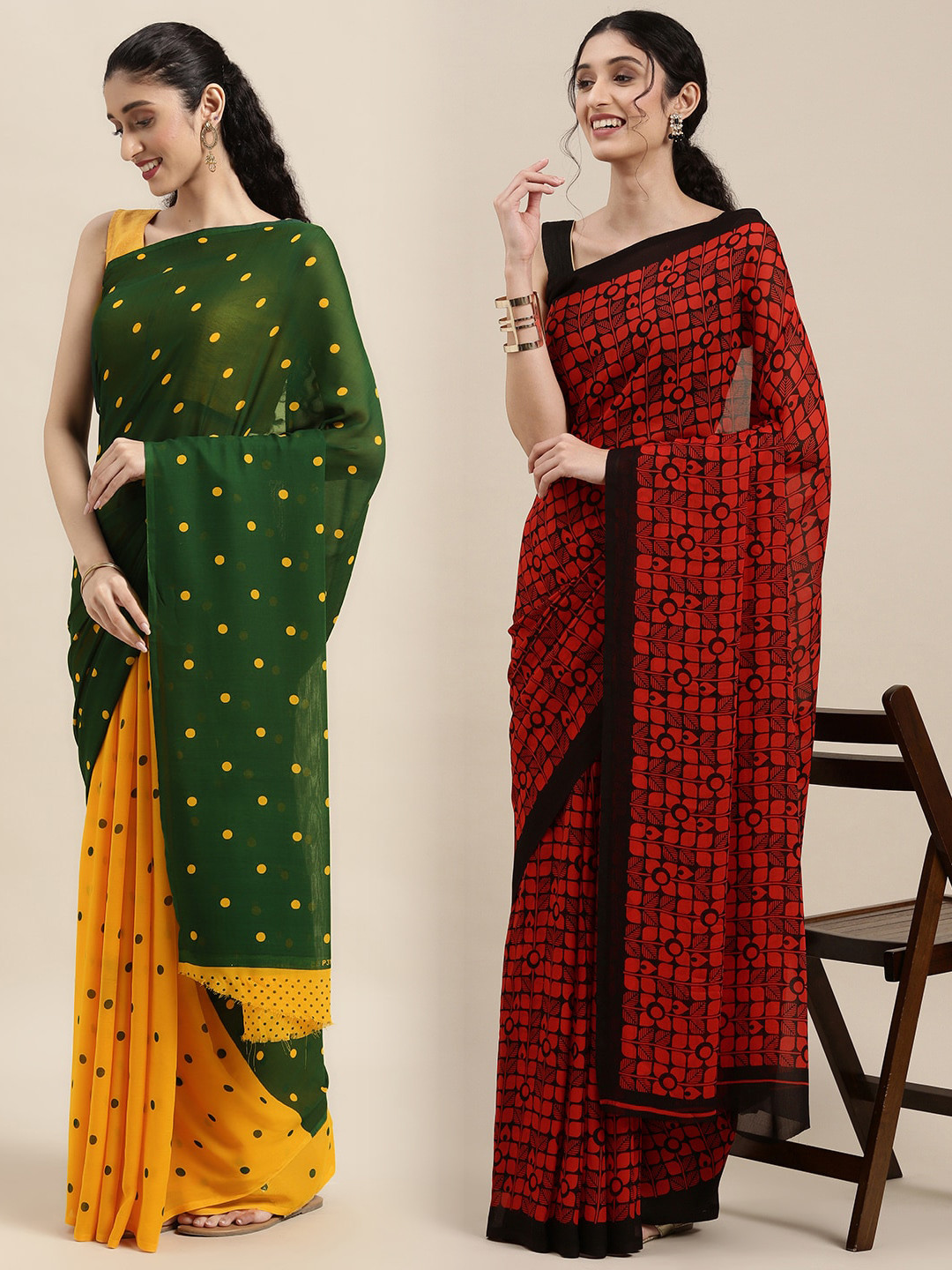 

KALINI Pack Of 2 Green & Maroon Polka Dots Print Saree